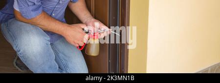 Photo d'un homme de main qui, avec un graisseur, lubrifie les charnières d'une porte qui grince. Les travaux ménagers et les activités à faire soi-même. Bannière horizontale Banque D'Images