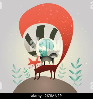 le raton laveur de renard et l'écureuil se tiennent l'un au-dessus de l'autre. illustration de bébé mignon Banque D'Images