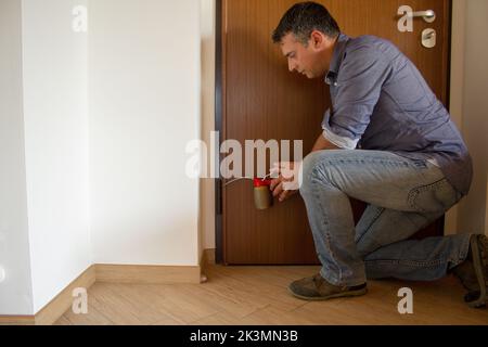 Photo d'un homme de main qui, avec un graisseur, lubrifie les charnières d'une porte qui grince. Les travaux ménagers et les activités à faire soi-même Banque D'Images