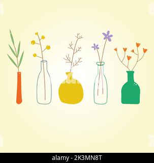 Ensemble de fleurs de printemps brillantes dans des vases et des bouteilles isolées sur un fond blanc. Un bouquet de bouquets. Ensemble d'élemen à motif fleuri décoratif Banque D'Images