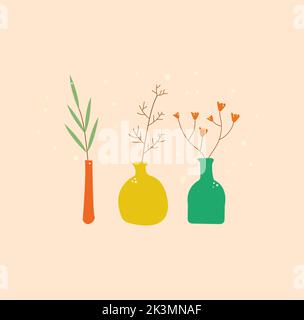 Ensemble de fleurs de printemps brillantes dans des vases et des bouteilles isolées sur un fond blanc. Un bouquet de bouquets. Ensemble d'élemen à motif fleuri décoratif Banque D'Images