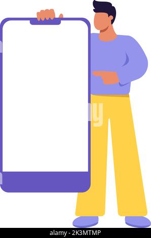 Vector Tiny homme debout et pointant vers un grand écran vide de smartphone. Modèle de téléphone mobile. Affichage vide du téléphone portable avec espace de copie. Plat Illustration de Vecteur