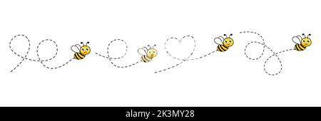 Jeu de personnages de dessin animé. Abeille volant sur un itinéraire en pointillés. Illustration vectorielle isolée sur fond blanc. Illustration de Vecteur