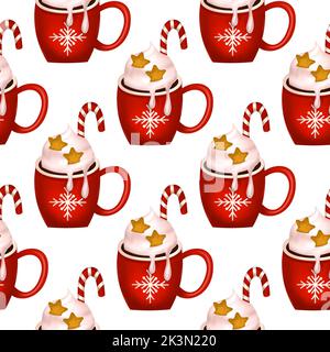 Boisson de Noël crème 3D vecteur sans couture, cacao tasse dessert chocolat art, illustration chaude de café d'hiver Illustration de Vecteur