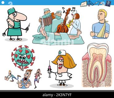 Illustration de dessins animés de soins de santé et de sujets médicaux avec des personnages de bande dessinée et des parties du corps ensemble Illustration de Vecteur