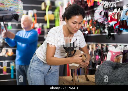 Femme habillant son chien dans la boutique d'animaux Banque D'Images