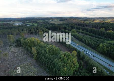 Vue panoramique aérienne de l'écoconduit ou passage de la faune - pont couvert de végétation au-dessus d'une autoroute qui permet à la faune de traverser en toute sécurité, faune cr Banque D'Images