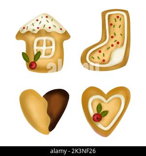 Ensemble de biscuits de Noël. 3D biscuits vectoriels au gingembre Noël mignon biscuits maison, chaussettes, coeur Illustration de Vecteur