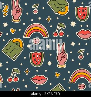 Mignon dessin animé groovy arc-en-ciel, musique sticker vector sans couture motif. Illustration arrière-plan rétro hippie Illustration de Vecteur