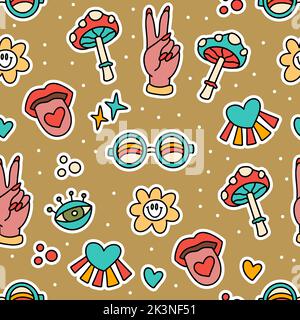 Joli dessin animé groovy sticker vector sans couture motif. Illustration arrière-plan rétro hippie Illustration de Vecteur