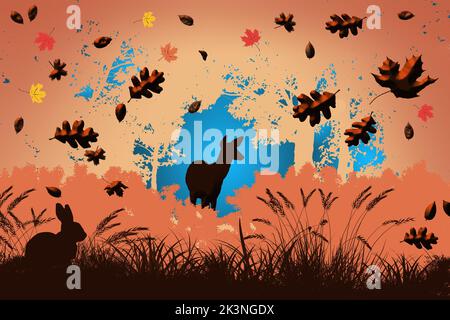 Un cerf et un lapin sont vus ib un cadre de forêt brumeux avec des feuilles d'automne en chute.Voici une illustration en 3 jours. Banque D'Images