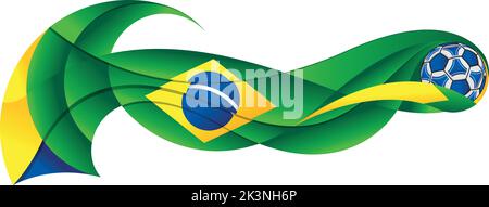 Ballon de football vert, bleu et jaune laissant une piste ondulée avec les couleurs du drapeau brésilien sur un fond blanc. Image vectorielle Illustration de Vecteur