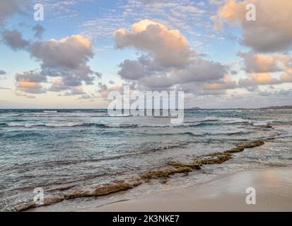 Palmiers de Sainte-Croix au bord de l'océan lumière chaude et nuages Puffy colorés Banque D'Images