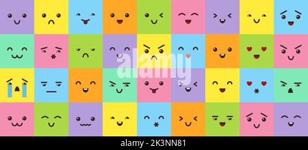 Emotion colorfull dessin animé carré grand écran plat. Icône emoji enfants. Visage couleur gaie. Abstrait personne tête symbole mignon. Collection de sourires de personnage de message. Signe d'expression émoticône Illustration de Vecteur