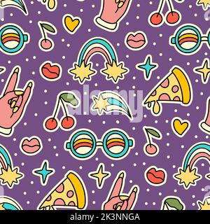 Mignon dessin animé groovy arc-en-ciel, cerise, main, pizza sticker vector sans couture motif. Illustration arrière-plan rétro hippie Illustration de Vecteur