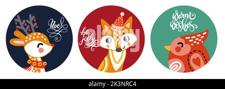Ensemble de cartes de noël à motif cercle avec animaux mignons, cerfs, renards et illustrations vectorielles cardinal du nord. Lettrage de Noël. Pour l'impression, le design, le tissu Illustration de Vecteur
