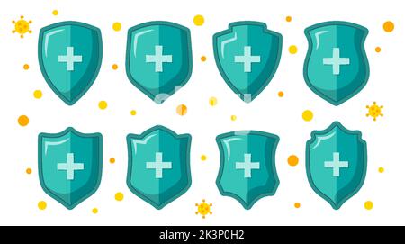 Ensemble d'icônes de protection pour la prévention et la sécurité. Médicament de protection contre les virus bactériens et covid signe isolé. Conception de l'affiche médicale de la garde des maladies. Une vie saine et forte. Symbole de dessin animé de l'hôpital de santé Illustration de Vecteur