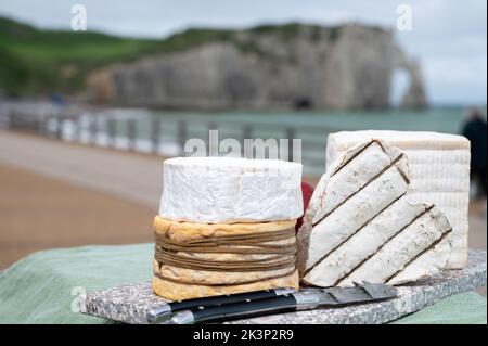 Quatre célèbres fromages de Normandie, carré pont l'eveque, fromage de vache camembert rond, livarot jaune, neufchatel en forme de cœur et vue sur la promenade et a Banque D'Images