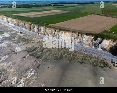 Vue aérienne sur les falaises blanches de halk, les champs verts du pays de Caux et l'eau de l'océan Atlantique près du petit village de Veules-les-Roses, Normandie, France. Visite Banque D'Images