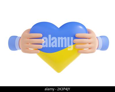 3D illustration de deux mains tenant l'Ukraine coeur isolé sur fond blanc. Icône emoji patriotique. Amour pour le pays, arrêter la guerre, soutenir les Ukrainiens, signe de charité dans le drapeau national jaune, bleu couleurs Banque D'Images