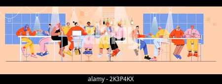 L'intérieur du bar propose des boissons aux clients, du vin et des cocktails. Divers personnages tiennent des lunettes, un groupe d'amis et de couples assis sur des tabourets dans un café ou un restaurant, illustration vectorielle plate Illustration de Vecteur