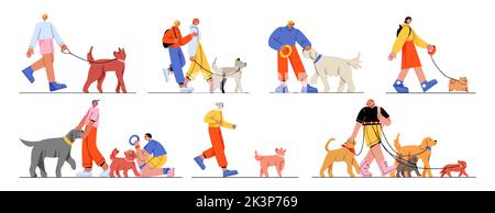 Les gens marchent avec les chiens, les hommes et les femmes propriétaires personnages marchant, jouant et passant du temps avec les animaux isolés ensemble. Loisirs, communication, amour, soin des animaux, illustration vectorielle plate Line art Illustration de Vecteur