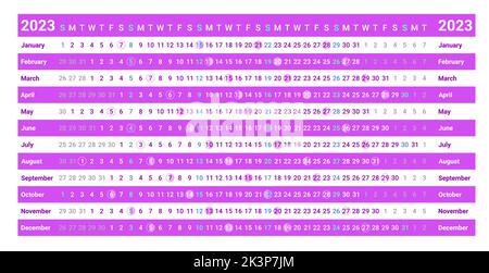 Modèle de calendrier linéaire violet 2023 avec phases de lune Illustration de Vecteur