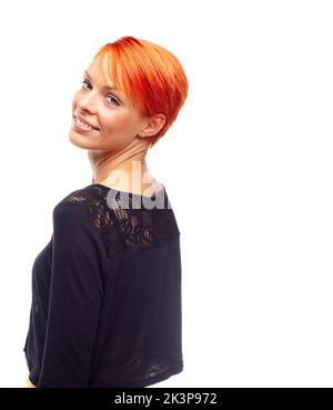 Ardent. Une jeune femme à tête rouge isolée sur un fond blanc. Banque D'Images