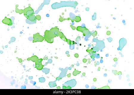 Aquarelle abstraite bleu clair et vert gouttes et BLOB arrière-plan. Banque D'Images