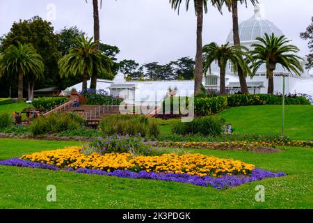 Jardin d'hiver des fleurs et parterres de fleurs, le plus ancien bâtiment du Golden Gate Park, San Francisco, Californie. Banque D'Images