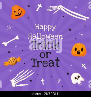 Lettering Happy Halloween et trick ou traiter les os de citrouille croix crâne et de bonbons Illustration de Vecteur
