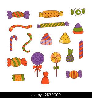 Ensemble de friandises colorées pour halloween. Éléments d'Halloween. Concept Trick or Treat. Illustration vectorielle de style dessiné à la main. Illustration de Vecteur