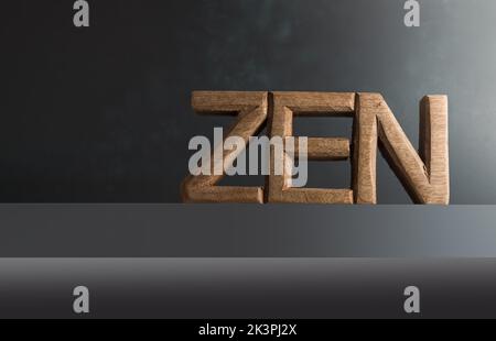 Le mot Zen sculpté dans des lettres en bois sur fond gris, concept de style de vie équilibré . Banque D'Images