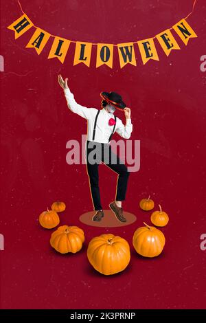 Modèle créatif abstrait collage de drôle danse funky mexicain personnage muerto halloween fête décorations citrouilles guirlande ont plaisir Banque D'Images