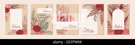 Ensemble d'arrière-plan vertical d'automne avec éléments floraux modernes. Illustration vectorielle botanique dessinée à la main. Espace pour le texte Illustration de Vecteur