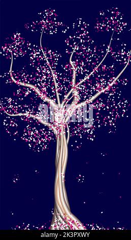 Illustration abstraite avec arbre de printemps, fond neutre, scéniques paysage affiche de la nature créative peinture, arbres et bois Banque D'Images