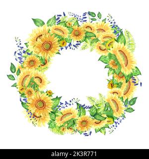 Couronne d'aquarelle de tournesols, de cloches et de delphinium. Plein de feuilles vertes et de fougères. Composition peinte à la main. Peut être utilisé pour imprimer des cartes, dans Banque D'Images