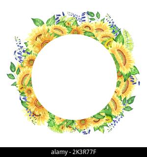 Couronne d'aquarelle de tournesols, de cloches et de delphinium. Plein de feuilles vertes et de fougères. Peut être utilisé pour imprimer des cartes, des invitations, des cartes de vœux Banque D'Images