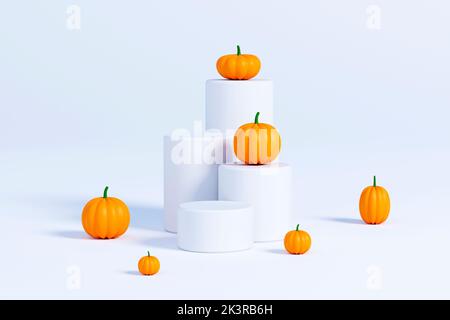 Podiums ou tourteaux avec citrouilles pour produits ou publicité pour les vacances d'automne sur fond blanc, illustration 3D Banque D'Images