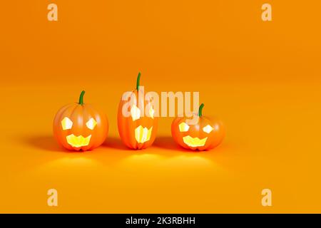 Citrouilles aux visages souriants et gaies sur fond orange. 3d illustration Banque D'Images