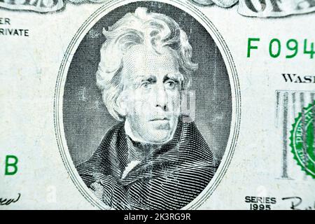 Portrait du président Andrew Jackson du côté opposé d'un vieux billet de 20 vingt dollars monnaie série 1995, vieux billet de banque américain, v Banque D'Images