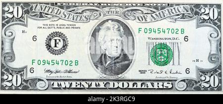 Grand fragment du côté opposé de 20 vingt dollars projet de loi banknote série 1995 avec le portrait du président Andrew Jackson, l'ancien argent américain ba Banque D'Images