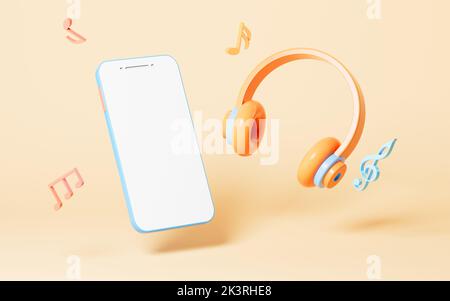 Casque sans fil de style caricature et téléphone portable avec fond jaune, rendu 3D. Dessin numérique informatique. Banque D'Images