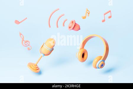 Microphone et écouteurs de style caricature sur fond bleu, rendu 3D. Dessin numérique informatique. Banque D'Images