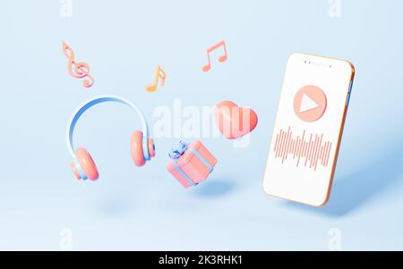 Diffusion en direct avec un téléphone mobile et des casques sur fond bleu, rendu 3D h/24 et 7 h/24, 7 h/24, 7 Dessin numérique informatique. Banque D'Images