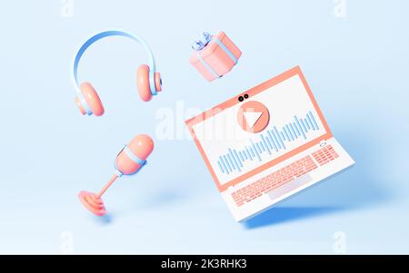 Diffusion en direct avec un ordinateur portable et des casques sur fond bleu, rendu 3D heures sur 24 et 7 heures sur 24. Dessin numérique informatique. Banque D'Images