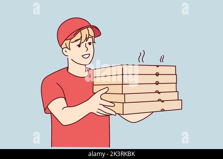 Un messager masculin souriant en uniforme livre une pizza chaude au client. Bon livreur avec des boîtes à pizza dans les mains. Service de livraison de nourriture. Illustration vectorielle. Illustration de Vecteur