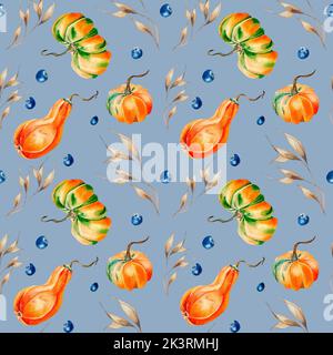 Citrouilles, épillet, bleuet aquarelle motif sans couture sur bleu. Légumes d'automne colorés dessinés à la main. Design pour l'emballage, textile, fond, fa Banque D'Images