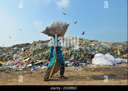 Sylhet, Bangladesh. 27th septembre 2022. Les ramasseurs collectent les déchets qui peuvent être réutilisés dans le dépotoir municipal, ces collecteurs mettent leur santé en danger en ne prenant pas les précautions appropriées pour ramasser les déchets. On 27 septembre 2022 à Sylhet, au Bangladesh. (Credit image: © MD Rafayat Haque Khan Eyepix G/eyepix via ZUMA Press Wire) Banque D'Images