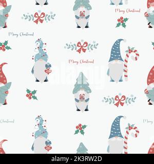 Motif de Noël sans couture avec jolis gnomes scandinaves avec bâton de caramel rayé et arbre de Noël avec boules de jouets sur fond blanc avec New Ye Illustration de Vecteur